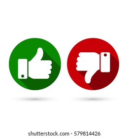 Thumb up, thumb down circle icon, green and red sillouettes. Vector evaluation symbol.