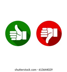 Thumb up, thumb down, green and red sillouettes. Vector evaluation sign.
