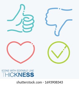 Thumb up, thumb down, heart and check mark line color icons