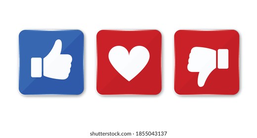Thumb up, down and heart icon. Vector like, dislike and love icon. Ready like, dislike and love button for website and mobile app. Vector illustration.