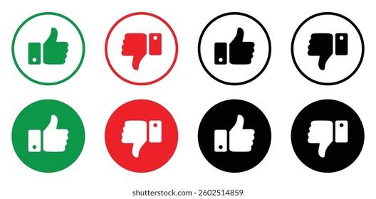 Thumb up, thumb down, like and dislike icons collection. Gesture buttons set in green, red and black color. Social media sign. Silhouette and outline circle design. Isolated vector Illustration.