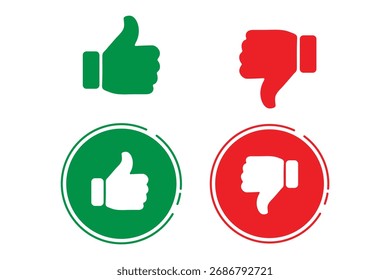 Thumb up, thumb down, like and dislike icons buttons collection. Silhouette and outline circle style. Isolated vector Illustration