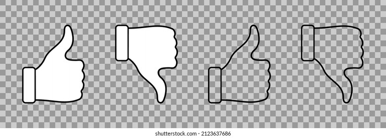 Thumb up, thumb down. Line icon of like and dislike. Outline recommend icon. White and black social symbols isolated on transparent background. Vector.