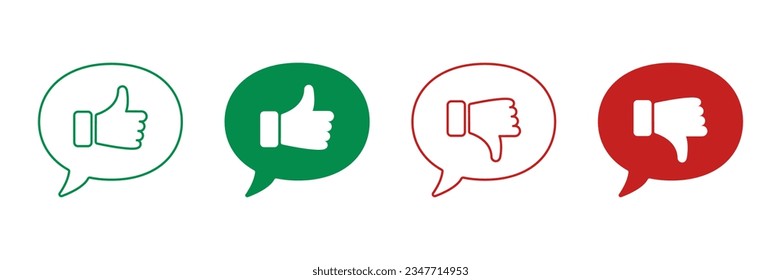 Thumb Up, Thumb Down Line and Silhouette Icon Set. Good and Bad Gestures in Speech Bubble Symbols. Like and Dislike Pictogram. Social Media Color Red and Green Sign. Isolated Vector Illustration.