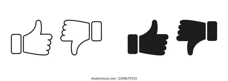 Thumb Up, Thumb Down Line and Silhouette Icon Set. Like and Dislike Pictogram. Social Media Feedback Symbol. Good and Bad Gesture Button Sign Collection. Isolated Vector Illustration.