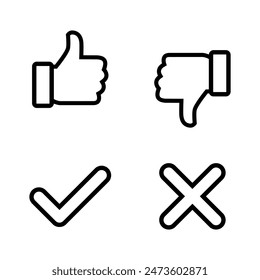 Thumb up, down, tick, and cross icon in line style. Like, dislike, checkmark, and x mark concept