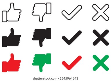 Thumb up, down, tick, and cross icons. Like, dislike, checkmark, and x mark in line style