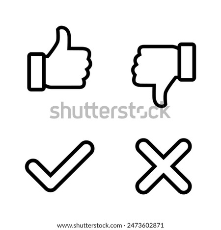 Thumb up, down, tick, and cross icon in line style. Like, dislike, checkmark, and x mark concept