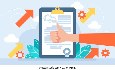 Thumb Up. Finger up. Woman raised her finger up as a sign of agreement on the background of the documents of the agreement. Hand Thumb Up. Flat Style. Concept of consent. Vector business Illustration