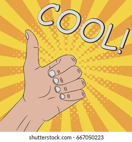 Thumb up, hand gesture - COOL! Comic illustration in pop art retro style at sunburst background with dot halftone effect. Vector.