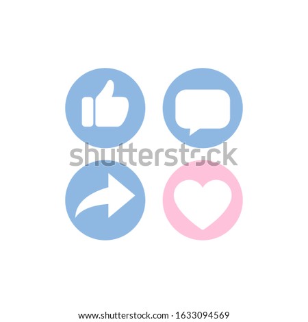 Thumb up, heart icon, comment share social network icon set and long shadow on white background.