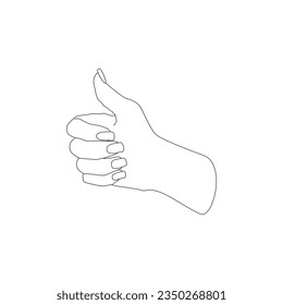 Thumb up, like, female hand beautiful manicure. Modern minimalistic vector line art illustration isolated on white. consent, approval, exposure concept