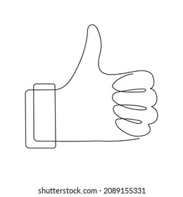 Thumb up, like, gesture finger up, one line art, hand drawn continuous contour. Marketing icon.Minimalist design.Editable stroke.Isolated.Vector illustration