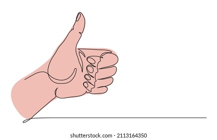 Thumb up, like. Hand gesture. One continuous line art drawing vector illustration of arm with thumb up.