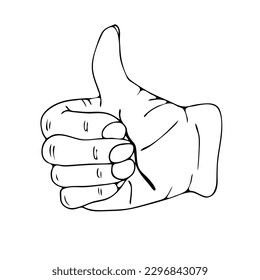 Thumb up. Like on isolated white background in doodle style.