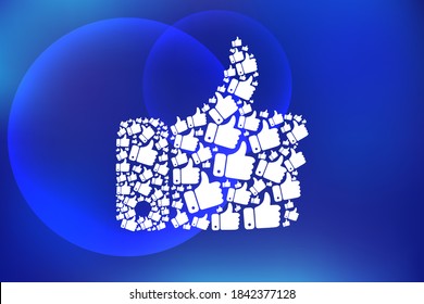 Thumb up, "LIKE" pattern on blue gradient background. Modern vector illustration. Positive evaluation.