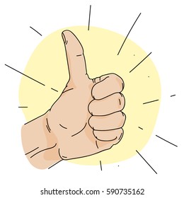 thumb up, roughly colored cartoon simple vector illustration