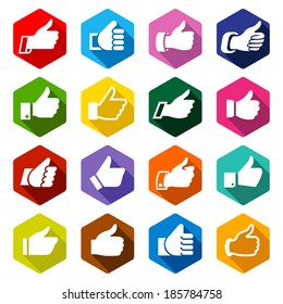 Thumb up, set white icons on colored rounded hexagon, vector button for internet. Flat modern metro style.
