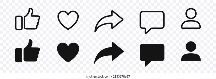 Thumb up, share, like, comment, heart, repost icons isolated, vector social media icons set. Buttons of social notification collection. Vector illustration