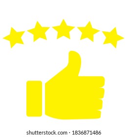 Thumb up. Vector symbol of approval and five stars. Yellow hand. Stock image.