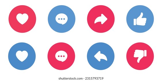 Arriba, corazón, comentar, compartir icono. Me gusta el vector y el amor, comenta, comparte el icono. botón Listo como y amor para sitio web y aplicación móvil.EPS 10