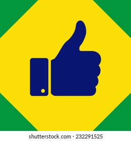 Thumb up using Brazil flag colors 2016, vector illustration