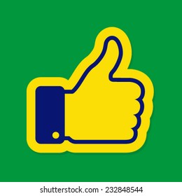 Thumb up using Brazil flag colors 2016, vector illustration