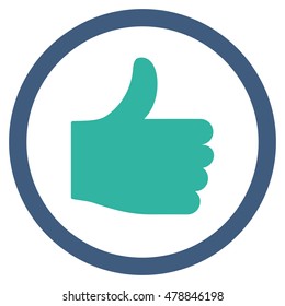 Thumb Up vector bicolor rounded icon. Image style is a flat icon symbol inside a circle, cobalt and cyan colors, white background.
