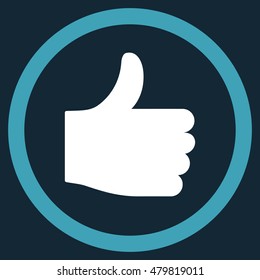 Thumb Up vector bicolor rounded icon. Image style is a flat icon symbol inside a circle, blue and white colors, dark blue background.