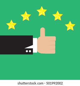 thumb up vector with five stars on green background