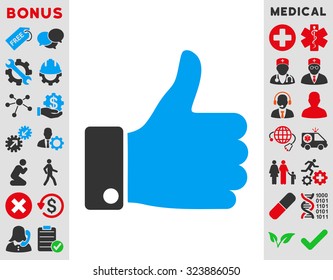 Thumb Up vector icon. Style is bicolor flat symbol, blue and gray colors, rounded angles, white background.