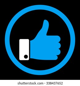 Thumb Up vector icon. Style is bicolor flat rounded symbol, blue and white colors, rounded angles, black background.