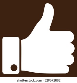 Thumb Up vector icon. Style is flat symbol, white color, rounded angles, brown background.