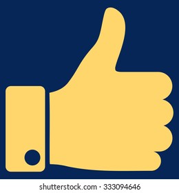Thumb Up vector icon. Style is flat symbol, yellow color, rounded angles, blue background.