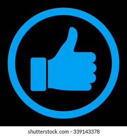 Thumb Up vector icon. Style is flat rounded symbol, blue color, rounded angles, black background.