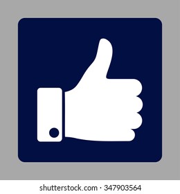 Thumb Up vector icon. Style is flat rounded square button, white and dark blue colors, silver background.