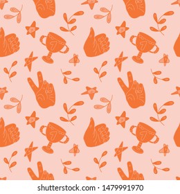 Thumb up and victory sign seamless pattern
