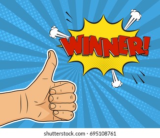 Thumb up winner comic pop art background vector illustration. Champion poster concept, halftone background, funny explosion, graphic elements, text. 