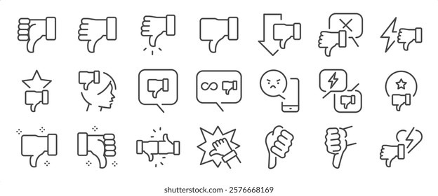 Thumb-down icon set. It includes dislike, unlike, hate, disappointed , and more icons. Editable Vector Stroke.