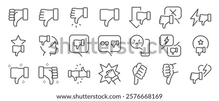 Thumb-down icon set. It includes dislike, unlike, hate, disappointed , and more icons. Editable Vector Stroke.