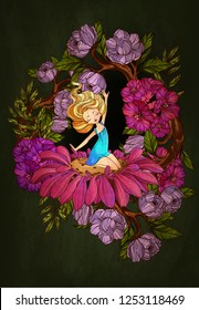 Thumbelina  fairy tale character sitting the flower  Vector illustration 