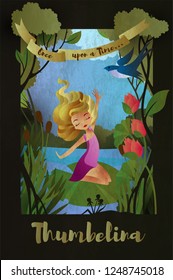 Thumbelina, faity tale character sitting on the water lily leaf.  Book cover template. Vector illustration.