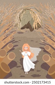 Thumbelina girl looks at sun for last time. Illustration children book fairy tale. Vector cartoon