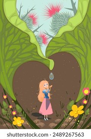 Thumbelina little girl fairy tale character catching drop of dew. Vector cartoon illustration