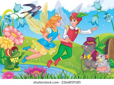 Thumbelina and little prince. Elf Princess. Fairy tale background. Flower meadow and rainbow. Fabulous landscape. Cinderella and magical animals. Children illustration for wallpapers, puzzles. Vector. svg