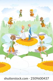 Thumbelina and prince among flowers happy ending fairy tale book. Vector cartoon illustration