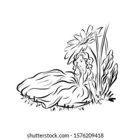 Thumbelina sits in clearing under camomile. Princess girl in ball gown. 