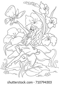 Thumbelina sitting on a flower. Vector of black and white lines. Cartoon coloring page book.