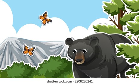 Thumbnail design with black bear in the forest illustration