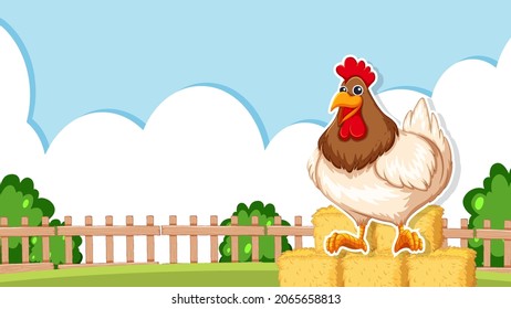 Thumbnail design with chicken on farm background illustration